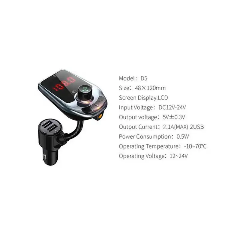 Car Kit Bluetooth D5 MP3 Player, Radio, Audio, Fast USB Charger