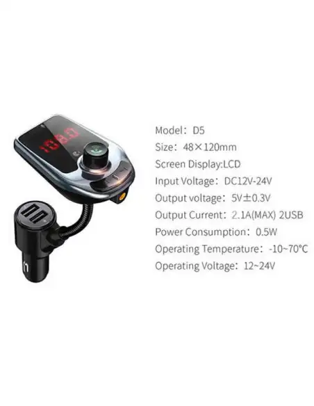Car Kit Bluetooth D5 MP3 Player, Radio, Audio, Fast USB Charger