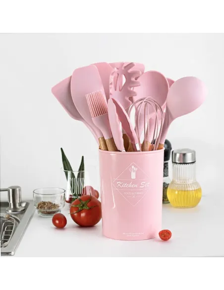 Set 12 ustensile de bucatarie, Antiaderente, Silicon, Maner din