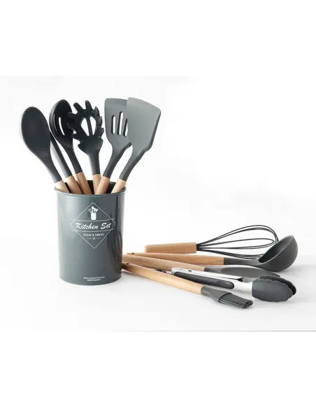 Set 12 ustensile de bucatarie, Antiaderente, Silicon, Maner din