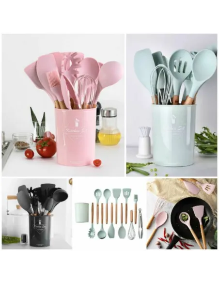 Set 12 ustensile de bucatarie, Antiaderente, Silicon, Maner din