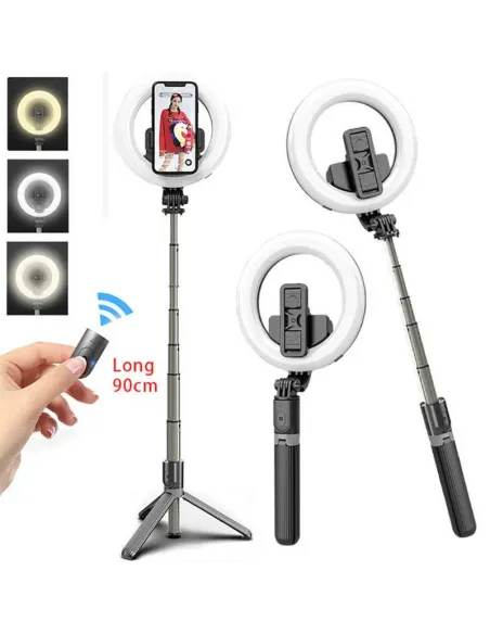 Inel trepied Selfie Stick Bluetooth L07, portabil, LED 5 inch