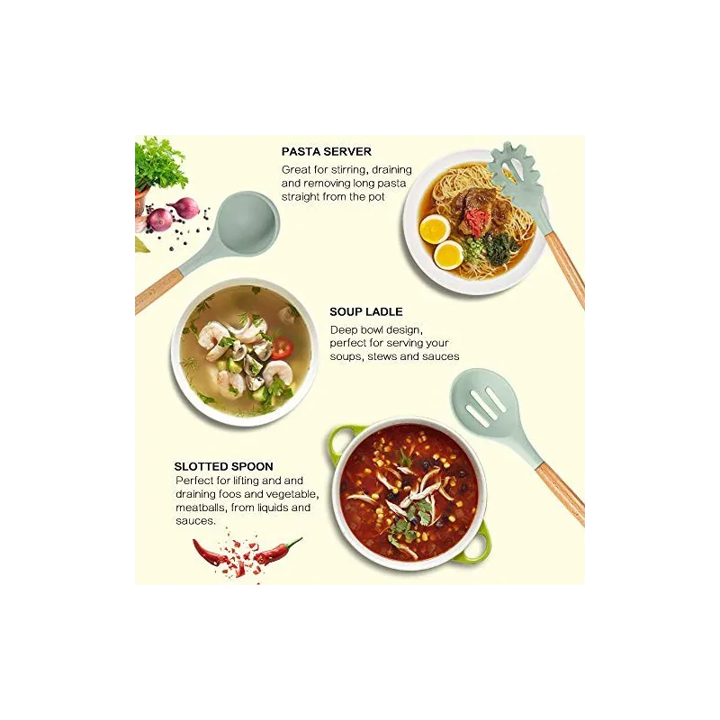 Set 12 ustensile de bucatarie, Antiaderente, Silicon, Maner din