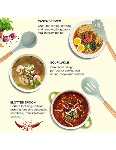 Set 12 ustensile de bucatarie, Antiaderente, Silicon, Maner din