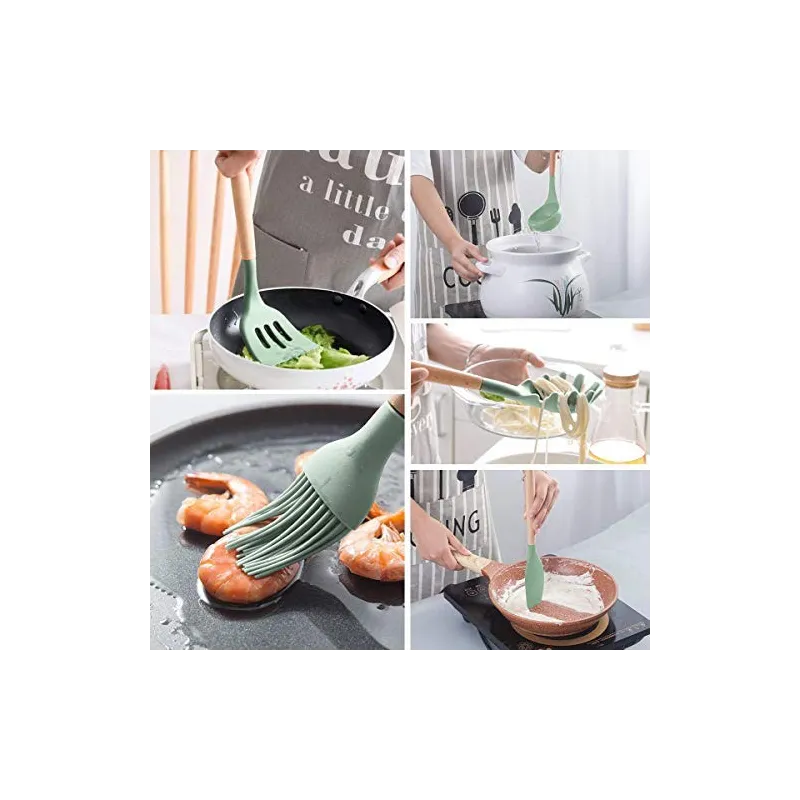 Set 12 ustensile de bucatarie, Antiaderente, Silicon, Maner din