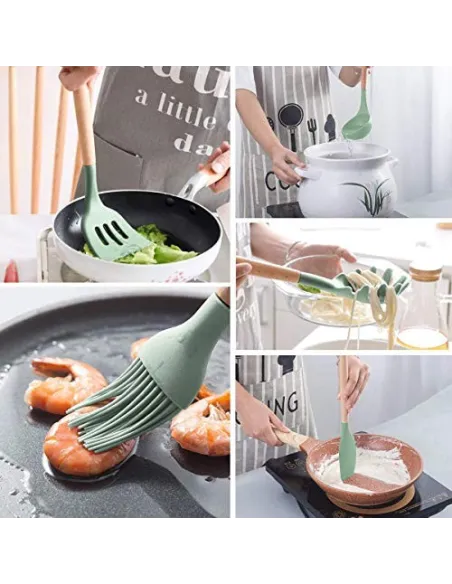 Set 12 ustensile de bucatarie, Antiaderente, Silicon, Maner din