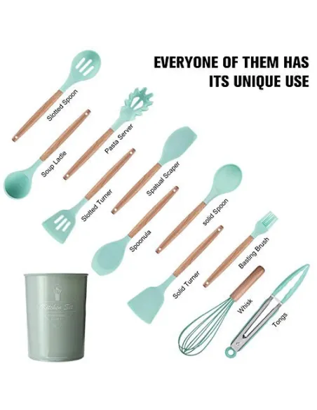 Set 12 ustensile de bucatarie, Antiaderente, Silicon, Maner din