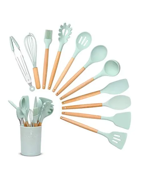 Set 12 ustensile de bucatarie, Antiaderente, Silicon, Maner din