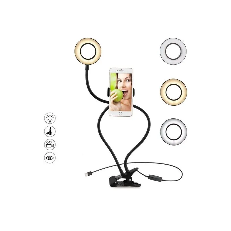 Suport selfie pentru telefon cu iluminare LED, prindere birou