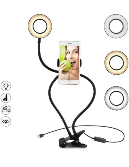 Suport selfie pentru telefon cu iluminare LED, prindere birou
