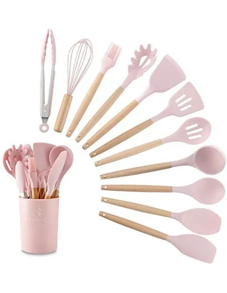 Set 12 ustensile de bucatarie, Antiaderente, Silicon, Maner din