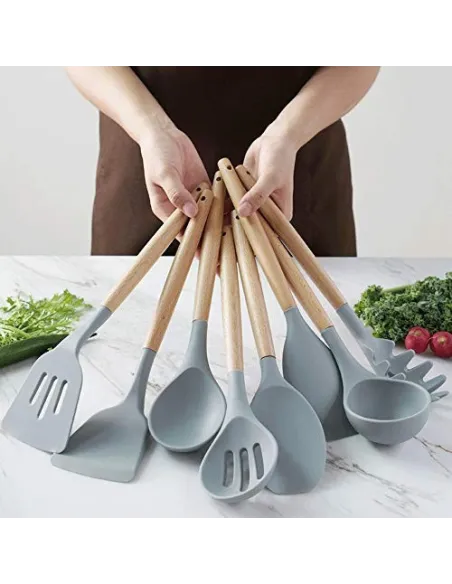 Set 12 ustensile de bucatarie, Antiaderente, Silicon, Maner din