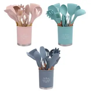 Set 12 ustensile de bucatarie, Antiaderente, Silicon, Maner din