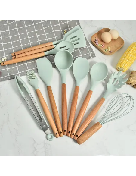 Set 12 ustensile de bucatarie, Antiaderente, Silicon, Maner din