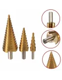 Set 3 x Burghiu conic metal in trepte, spiral conic 4-32 mm