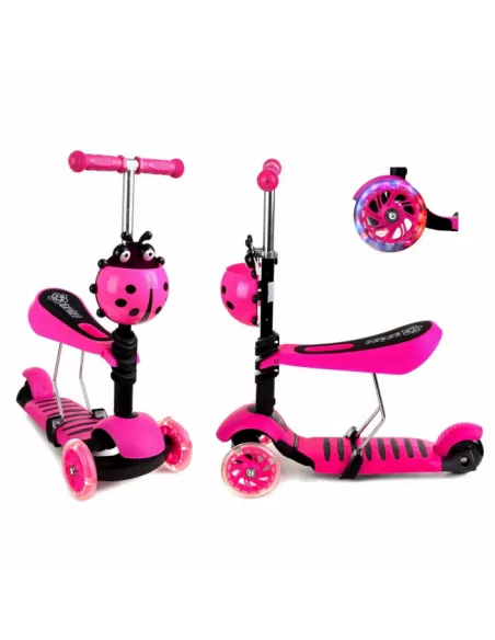 Trotineta copii 5 in 1 cu scaunel si maner, Buburuza Roz