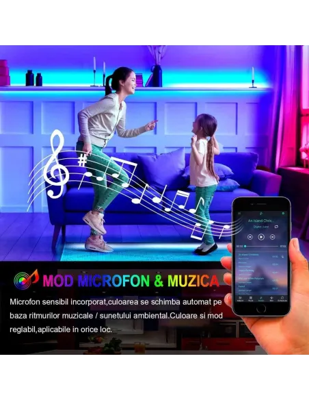Kit Banda LED RGB Andowl,5 Metri,Sincroniza Muzica,Bluetooth