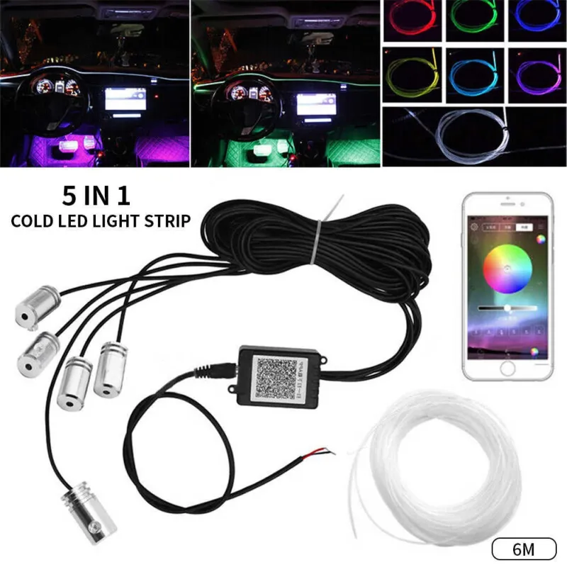 Lumini ambientale auto 6M neon RGB, aplicatie prin Bluetooth
