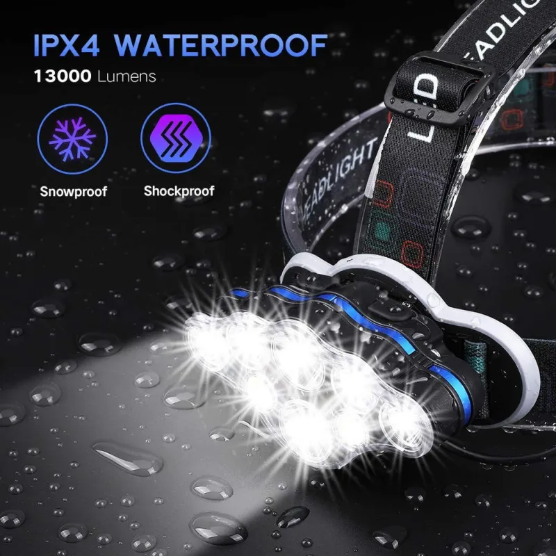 Lanterna de cap cu 8 LED-uri, 13.000 lumeni, lumina Alb/Rosie