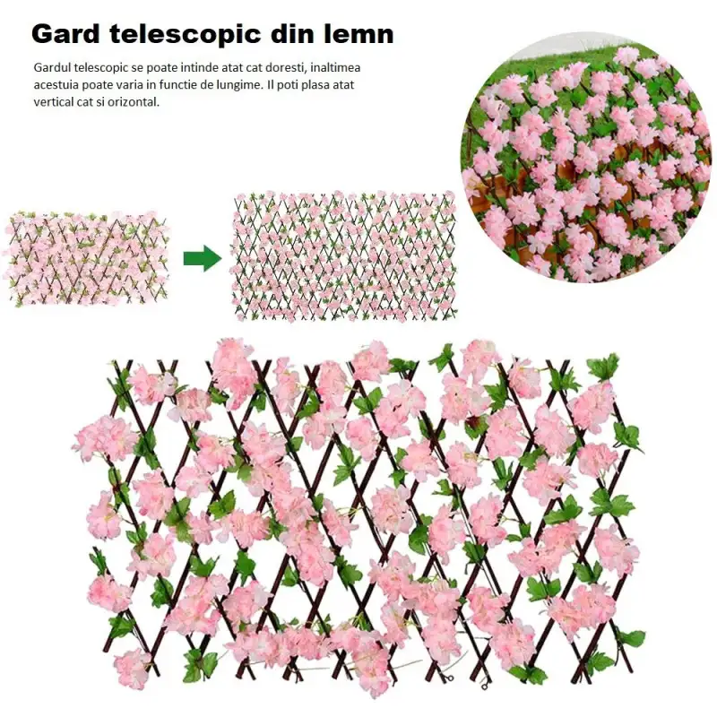 Pergola tip gard telescopic din lemn cu frunze si flori