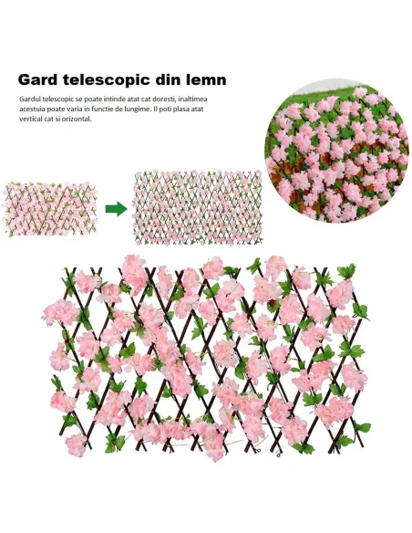 Pergola tip gard telescopic din lemn cu frunze si flori