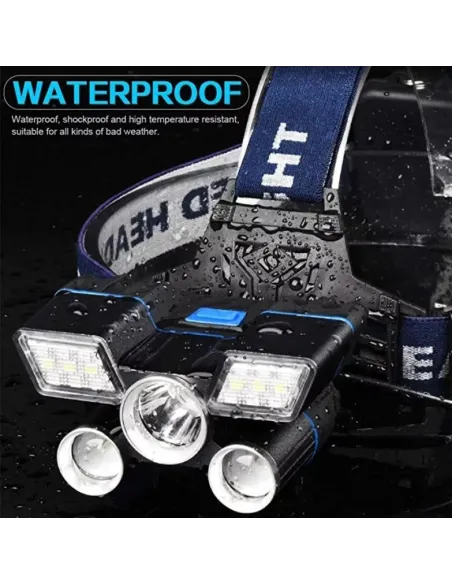 Lanterna de cap cu 5 LED 3 COB + 2 stroboscoape rosu-albastru