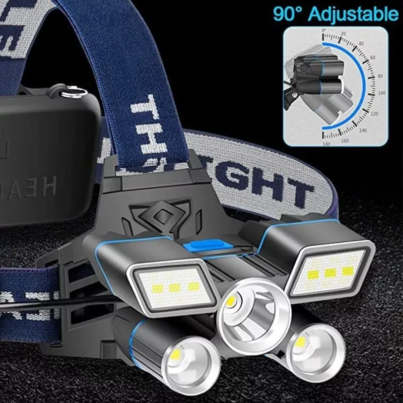 Lanterna de cap cu 5 LED 3 COB + 2 stroboscoape rosu-albastru