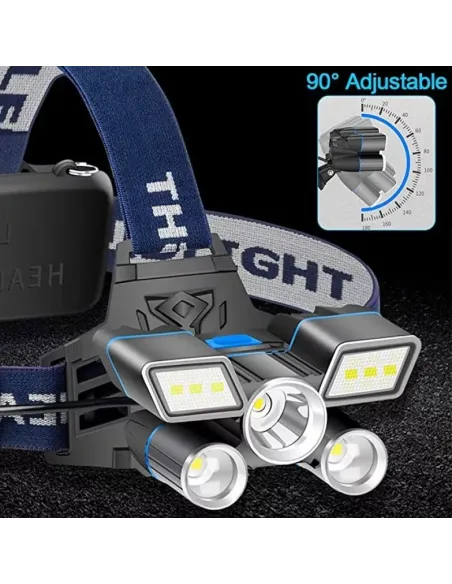 Lanterna de cap cu 5 LED 3 COB + 2 stroboscoape rosu-albastru