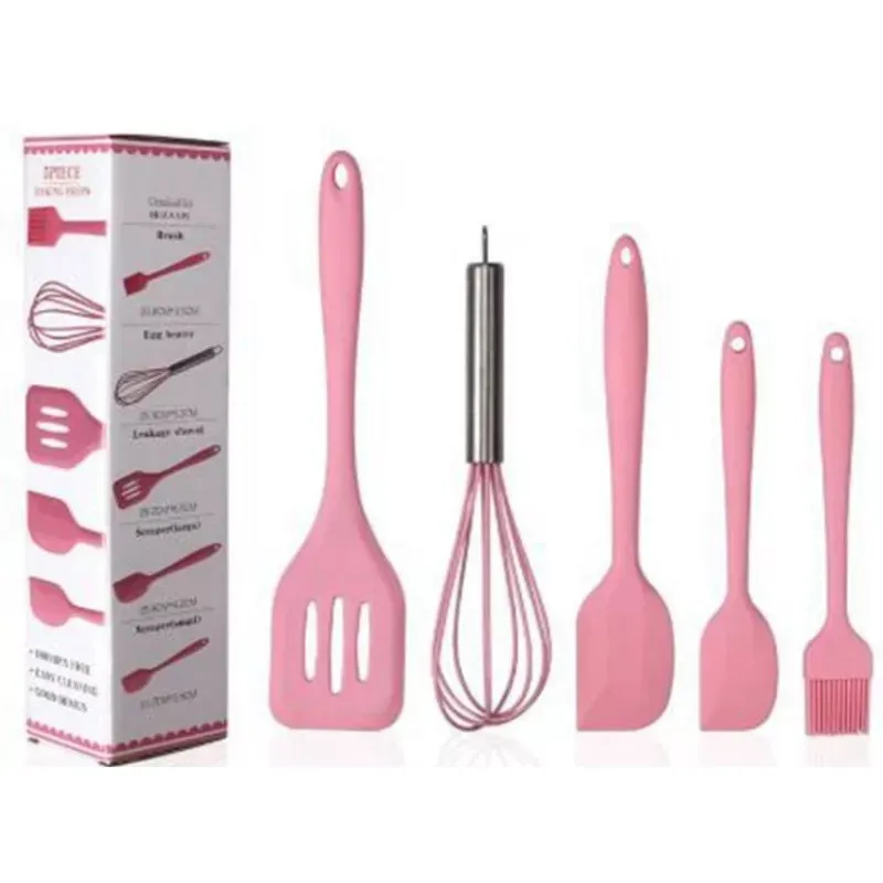 Set 5 ustensile de bucatarie din silicon ROZ red-mag.ro