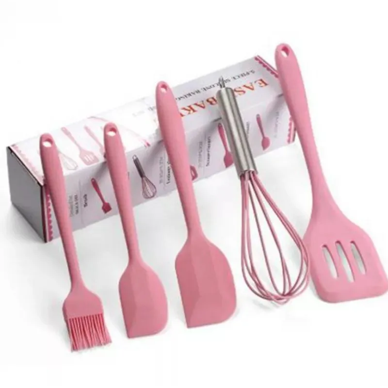 Set 5 ustensile de bucatarie din silicon ROZ red-mag.ro