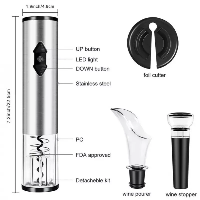 Set accesorii pentru vin cu tirbuson electric, 4 piese