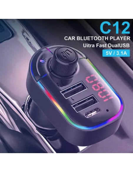 Modulator FM C12 Bluetooth, MP3, USB type C, Fast Charge