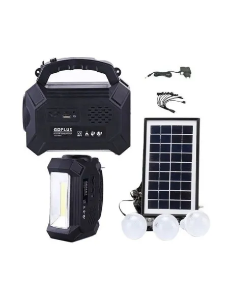Kit solar GD8161 cu lanterna LED, radio FM, 3 becuri, panou si