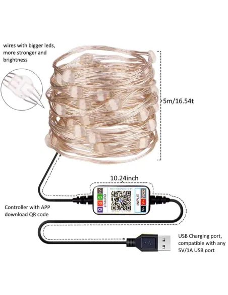 Sârmă de cupru , USB bluetooth smart LED șir de lumină 8 m, cod QR