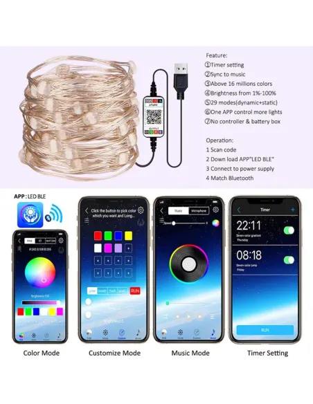 Sârmă de cupru , USB bluetooth smart LED șir de lumină 8 m, cod QR