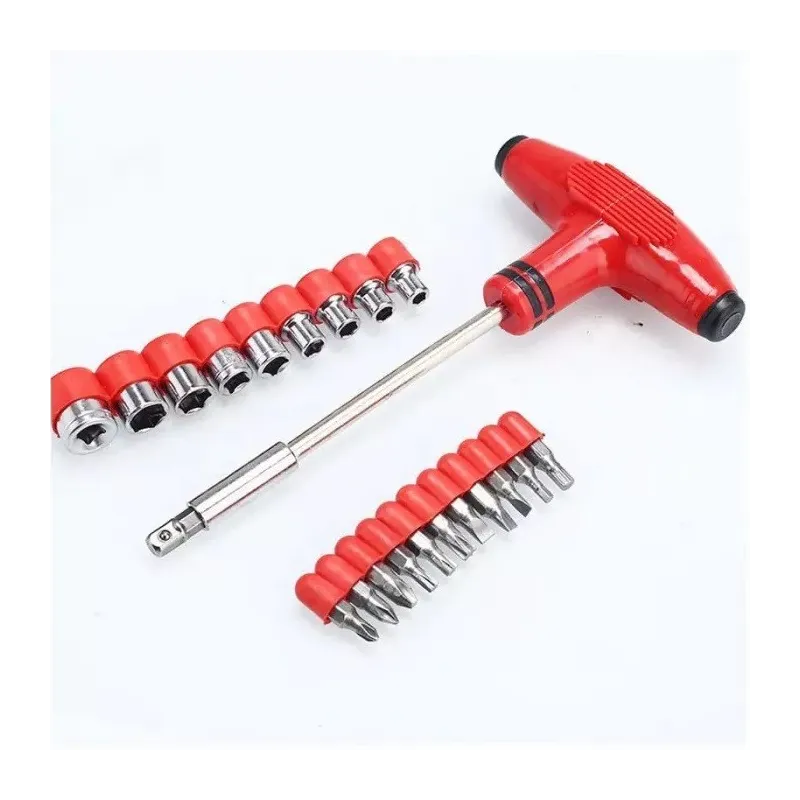 Set 21 Piese 9 Tubulare 11 Biti si Maner ROSU magnetic in forma de T