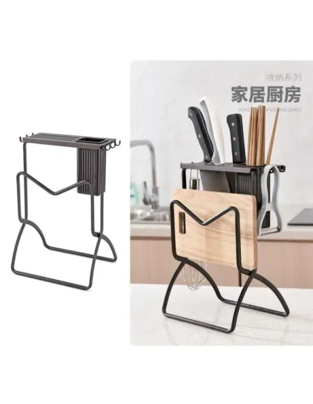 Organizator Elegant pentru Cuțite și Tocător – Negru, Metalic