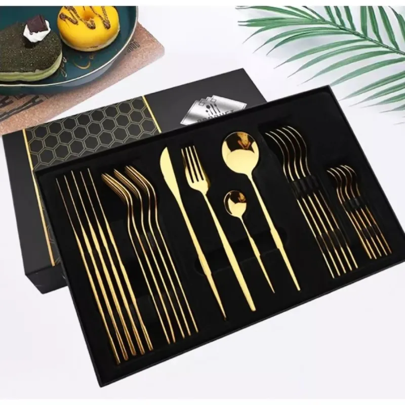 Set de tacamuri inox, 24 piese, 6 persoane, model portughez, auriu/negru