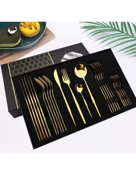 Set de tacamuri inox, 24 piese, 6 persoane, model portughez, auriu/negru