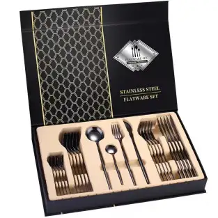 Set de tacamuri inox, 24 piese, 6 persoane, model portughez, auriu/negru 2