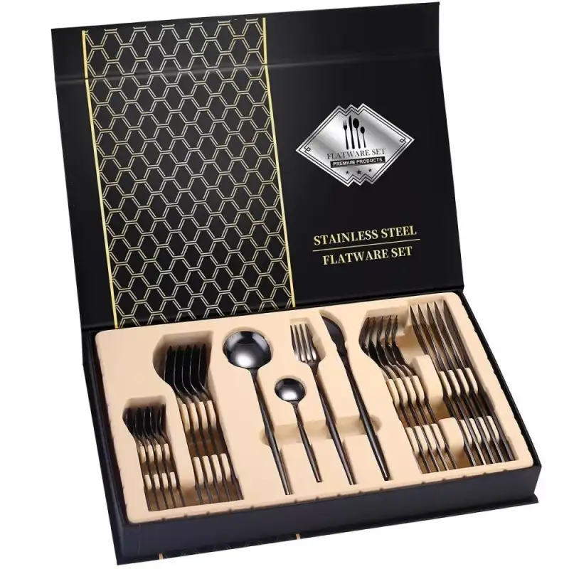 Set de tacamuri inox, 24 piese, 6 persoane, model portughez, auriu/negru