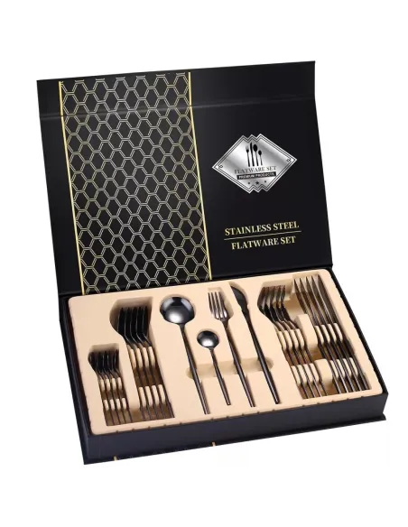 Set de tacamuri inox, 24 piese, 6 persoane, model portughez, auriu/negru