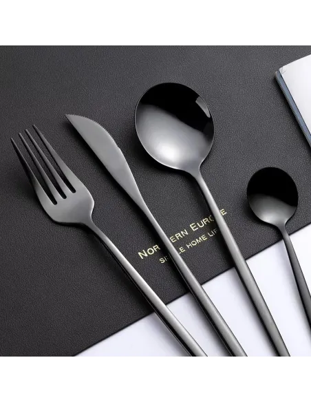 Set de tacamuri inox, 24 piese, 6 persoane, model portughez, auriu/negru