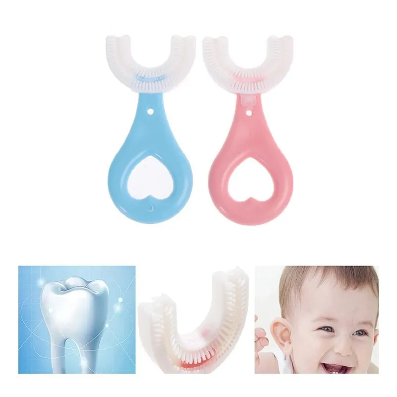 Periuta de dinti circulara pentru copii, din silicon, U-shape, roz