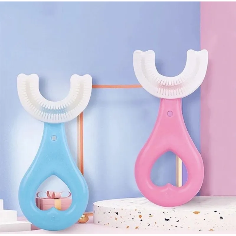 Periuta de dinti circulara pentru copii, din silicon, U-shape, roz