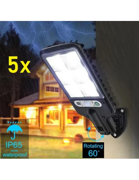 Set 5 x Lampi Solare de Perete cu 72 LED-uri, 50W,  3 Moduri de Functionare, Telecomanda, Senzor de Miscare si Lumina