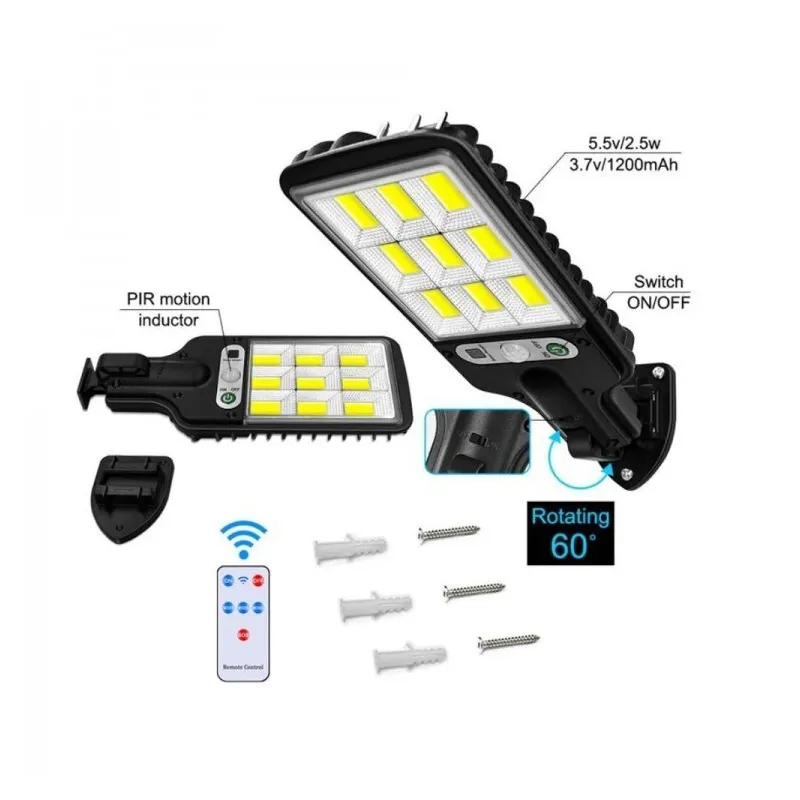 Set 5 x Lampi Solare de Perete cu 72 LED-uri COB, 50W, 3 Moduri de Functionare, Telecomanda, Senzor de Miscare si Lumina