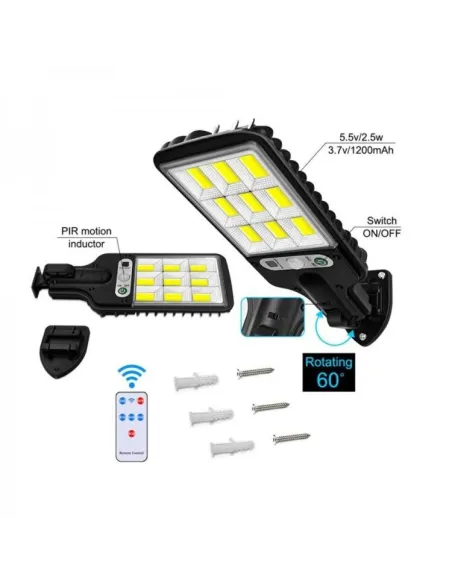 Set 5 x Lampi Solare de Perete cu 72 LED-uri COB, 50W, 3 Moduri de Functionare, Telecomanda, Senzor de Miscare si Lumina