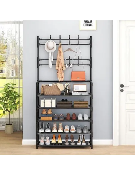 Cuier metalic cu rafturi, raft de organizare, Negru