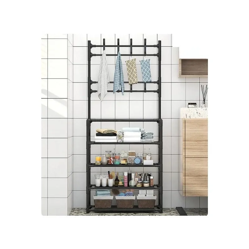 Cuier metalic cu rafturi, raft de organizare, Negru